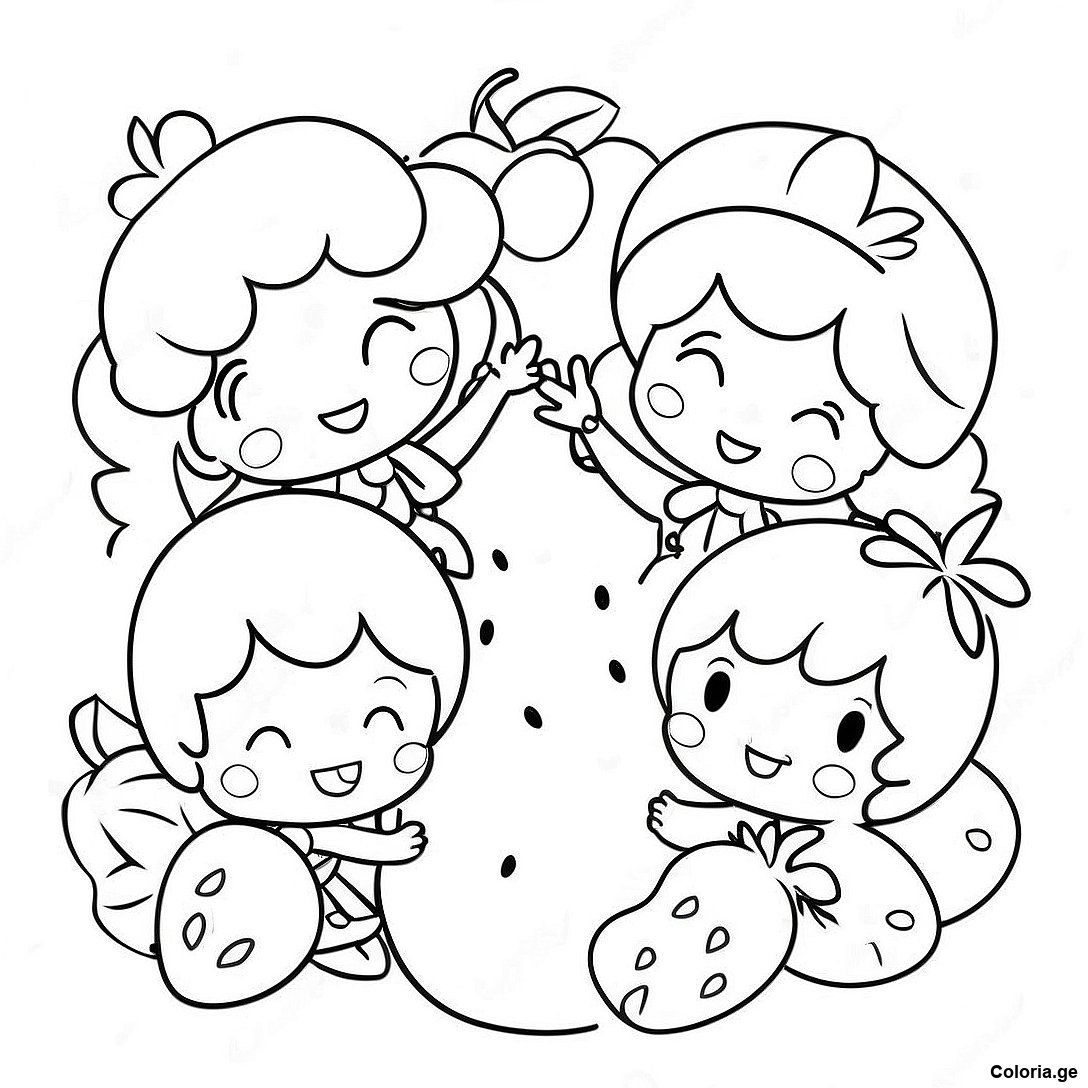 Page à colorier Page De Coloriage De La Tarte Aux Fraises Vintage Avec Des Amis imprimable gratuitement de la collection Émissions de Télévision pour Enfants — dessin en noir et blanc pour enfants et adultes.