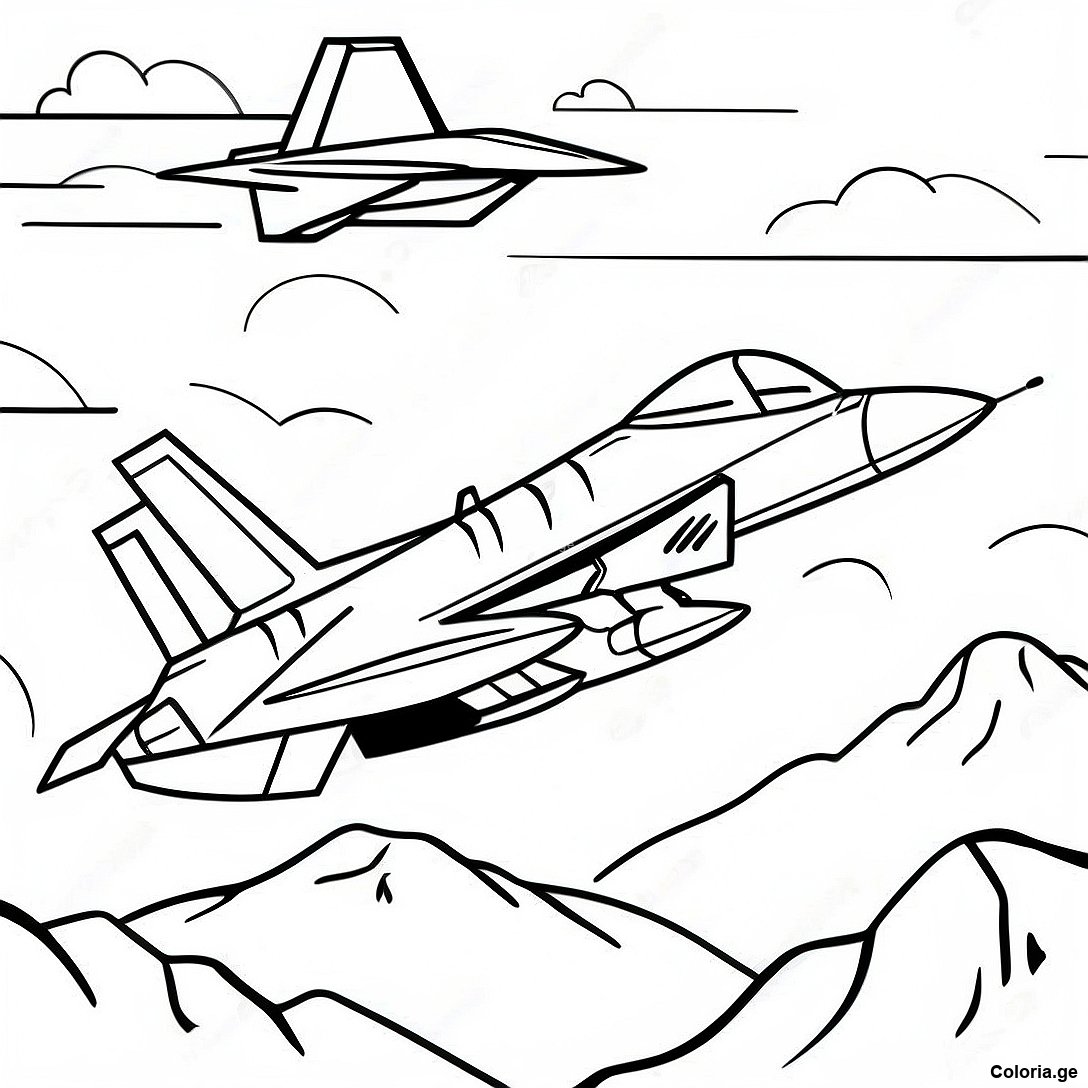 Page à colorier Page De Coloriage De L'avion De Chasse F18 Survolant Des Montagnes imprimable gratuitement de la collection Avions — dessin en noir et blanc pour enfants et adultes.