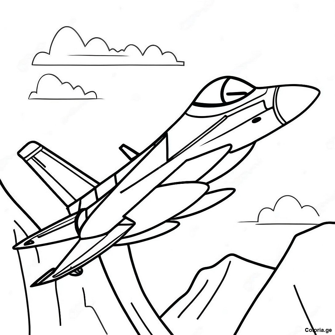 Page à colorier Page De Coloriage De L'avion De Chasse F18 Survolant Des Montagnes imprimable gratuitement de la collection Avions — dessin en noir et blanc pour enfants et adultes.
