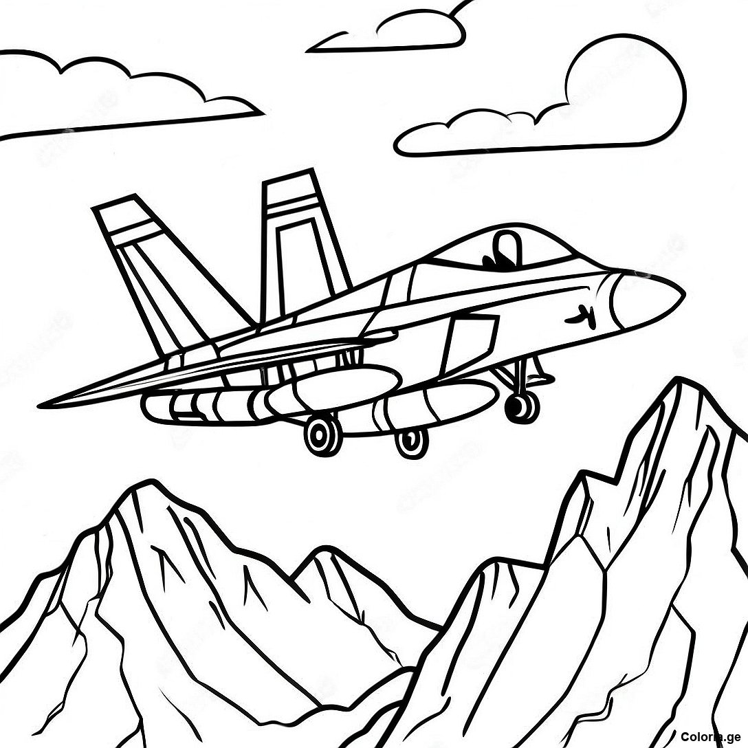 Page à colorier Page De Coloriage De L'avion De Chasse F18 Survolant Des Montagnes imprimable gratuitement de la collection Avions — dessin en noir et blanc pour enfants et adultes.