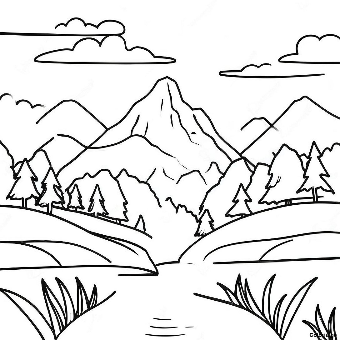 Page à colorier Page De Coloriage De Paysage De Montagne Serein imprimable gratuitement de la collection Nature — dessin en noir et blanc pour enfants et adultes.