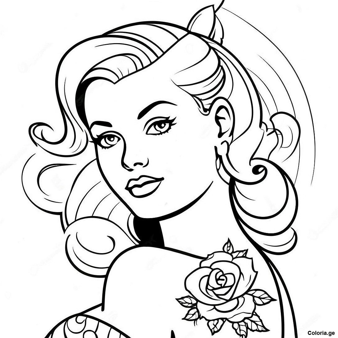 Page à colorier Page De Coloriage De Pin-Up Tatouée Vintage imprimable gratuitement de la collection Pour Adultes — dessin en noir et blanc pour enfants et adultes.