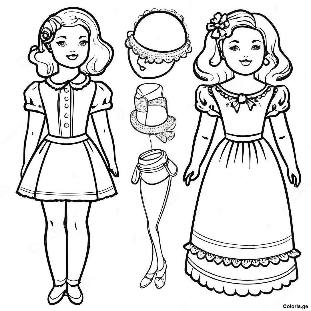 Page à colorier Page De Coloriage De Poupée En Papier Vintage imprimable gratuitement de la collection Pour Filles — dessin en noir et blanc pour enfants et adultes.