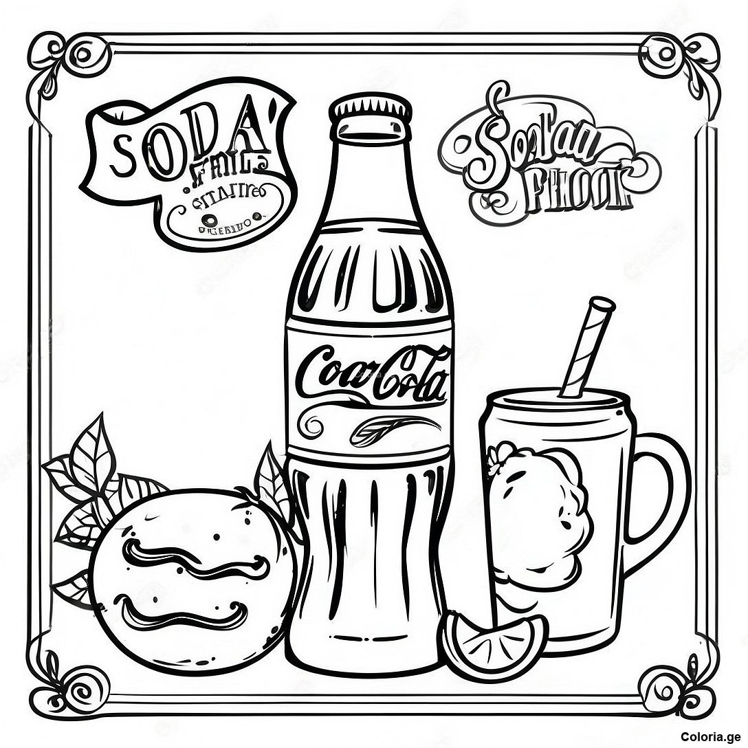 Page à colorier Page De Coloriage De Publicité De Soda Vintage imprimable gratuitement de la collection Nourriture — dessin en noir et blanc pour enfants et adultes.