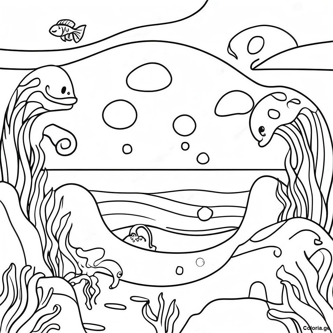 Page à colorier Page De Coloriage De Scène Océanique Réaliste imprimable gratuitement de la collection Nature — dessin en noir et blanc pour enfants et adultes.