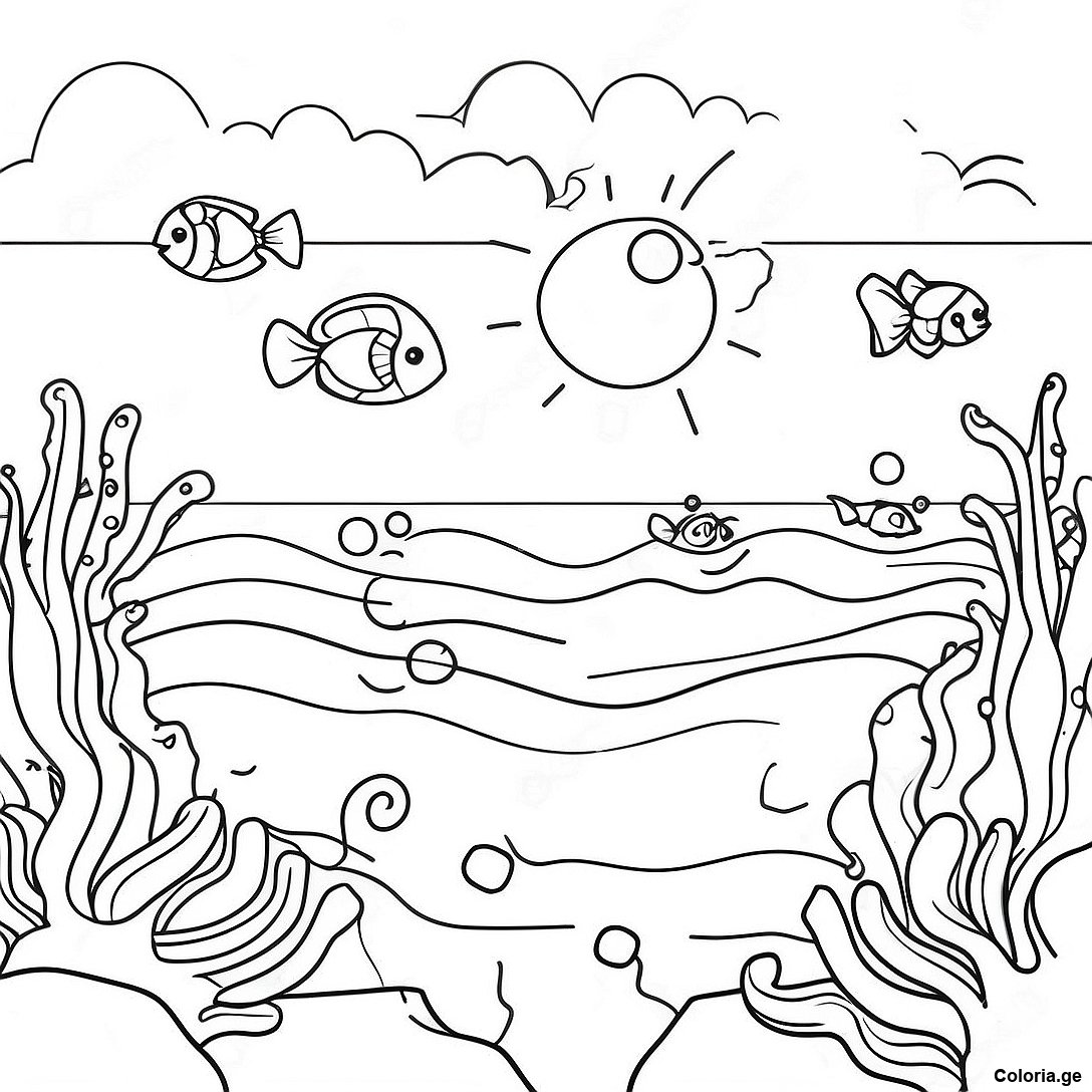 Page à colorier Page De Coloriage De Scène Océanique Réaliste imprimable gratuitement de la collection Nature — dessin en noir et blanc pour enfants et adultes.