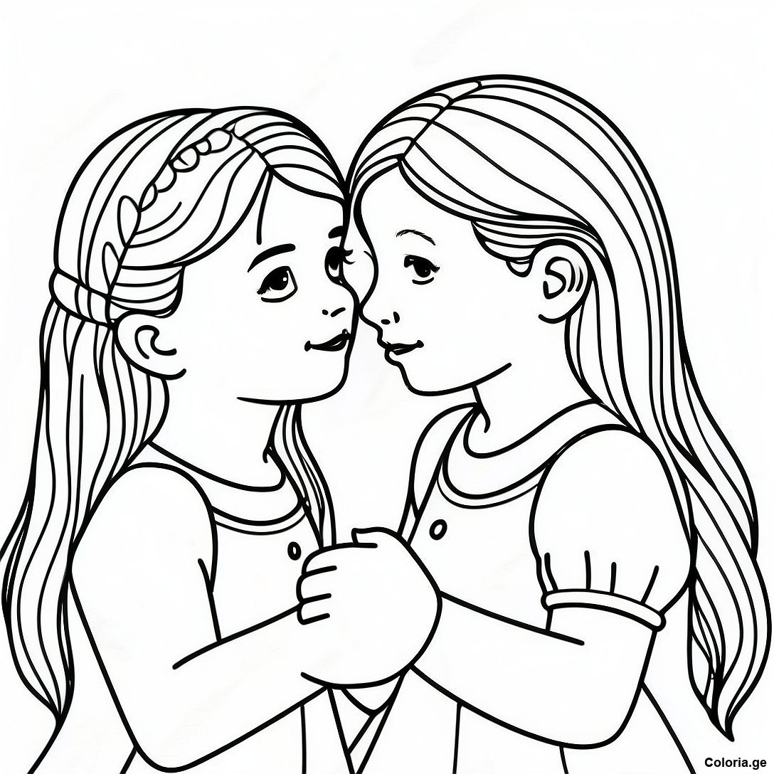 Page à colorier Page De Coloriage De Sœurs Douces Partageant Un Secret imprimable gratuitement de la collection Pour Filles — dessin en noir et blanc pour enfants et adultes.