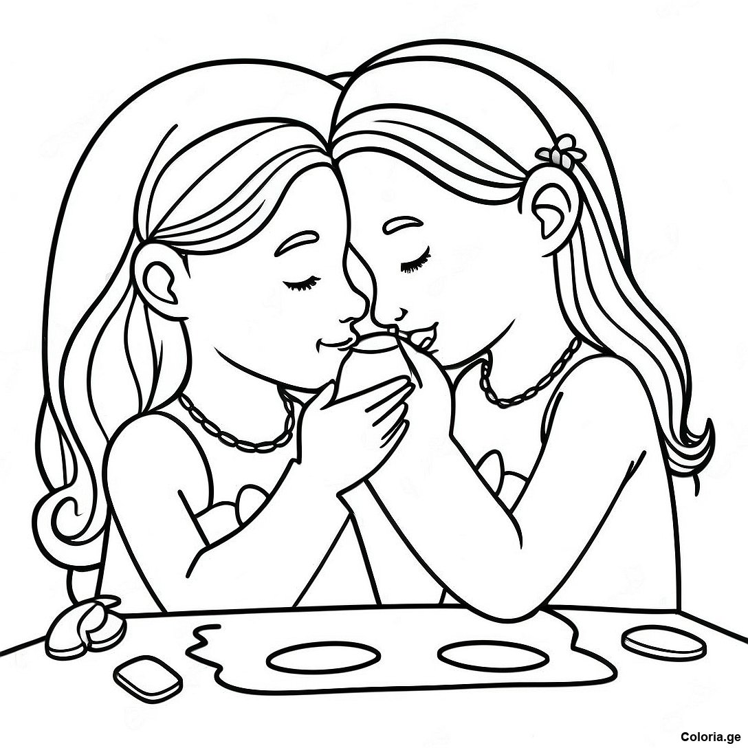 Page à colorier Page De Coloriage De Sœurs Douces Partageant Un Secret imprimable gratuitement de la collection Pour Filles — dessin en noir et blanc pour enfants et adultes.
