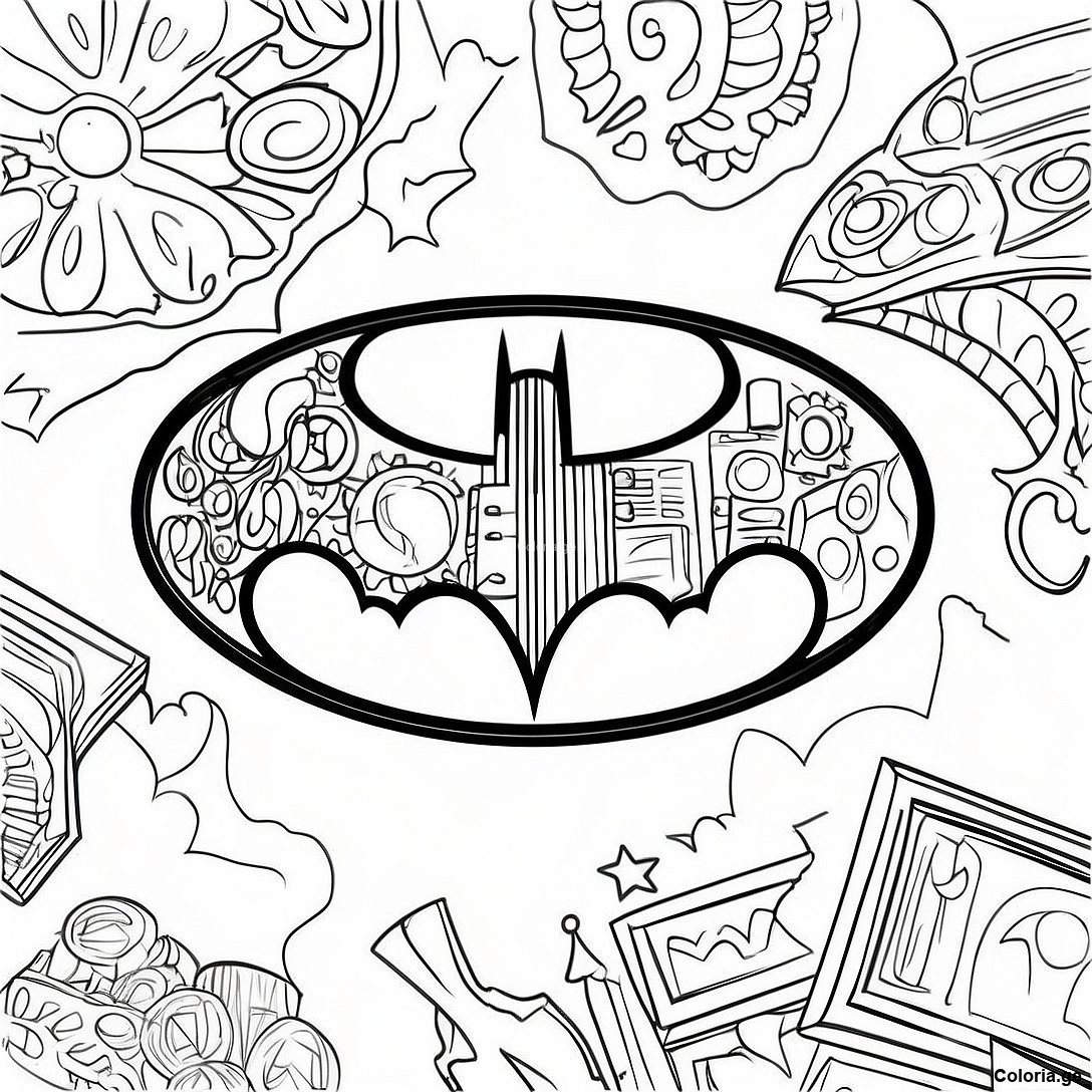 Page à colorier Page De Coloriage Du Logo Batman Vintage imprimable gratuitement de la collection Super-héros — dessin en noir et blanc pour enfants et adultes.