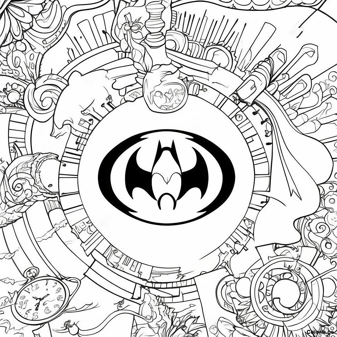 Page à colorier Page De Coloriage Du Logo Batman Vintage imprimable gratuitement de la collection Super-héros — dessin en noir et blanc pour enfants et adultes.