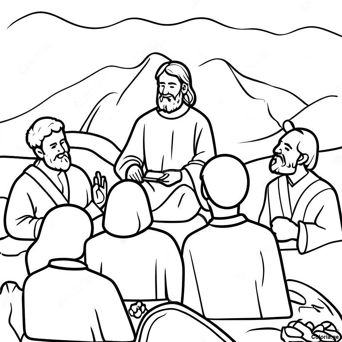 Page à colorier Page De Coloriage Du Sermon Sur La Montagne Avec Les Disciples imprimable gratuitement de la collection Religieux — dessin en noir et blanc pour enfants et adultes.