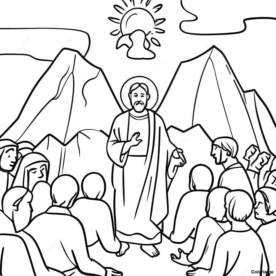 Page à colorier Page De Coloriage Du Sermon Sur La Montagne Avec Les Disciples imprimable gratuitement de la collection Religieux — dessin en noir et blanc pour enfants et adultes.