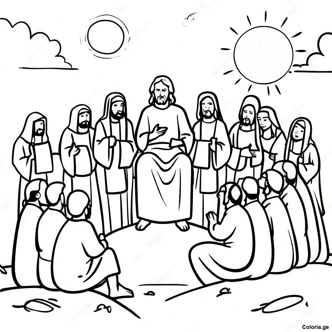 Page à colorier Page De Coloriage Du Sermon Sur La Montagne Avec Les Disciples imprimable gratuitement de la collection Religieux — dessin en noir et blanc pour enfants et adultes.