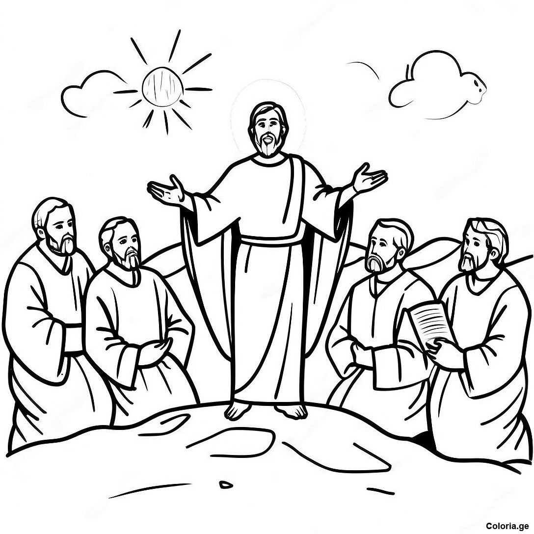 Page à colorier Page De Coloriage Du Sermon Sur La Montagne Avec Les Disciples imprimable gratuitement de la collection Religieux — dessin en noir et blanc pour enfants et adultes.