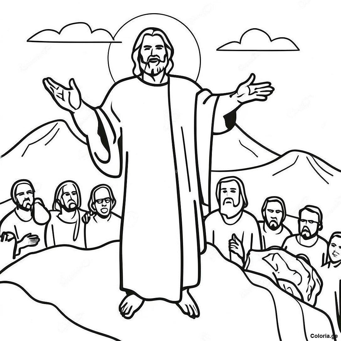 Page à colorier Page De Coloriage Du Sermon Sur La Montagne imprimable gratuitement de la collection Religieux — dessin en noir et blanc pour enfants et adultes.