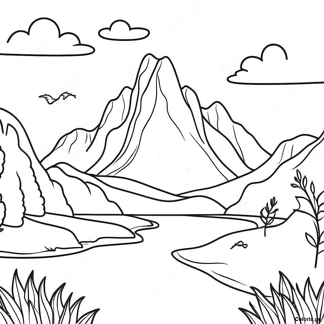 Page à colorier Page De Coloriage D'un Paysage De Montagne Doux imprimable gratuitement de la collection Divers — dessin en noir et blanc pour enfants et adultes.