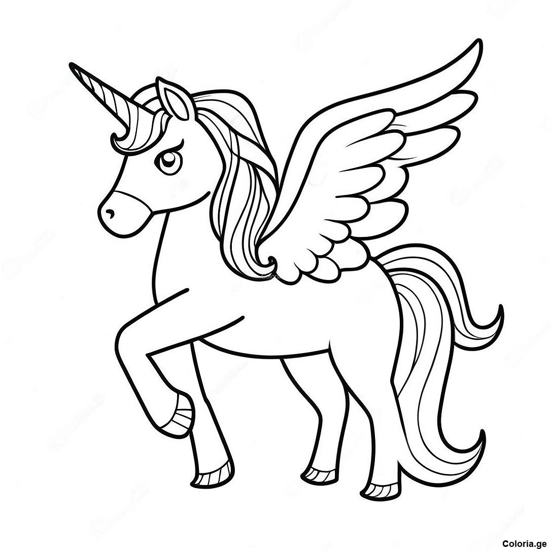 Page à colorier Page De Coloriage D'unicorn Avec Des Ailes Colorées imprimable gratuitement de la collection Licornes — dessin en noir et blanc pour enfants et adultes.