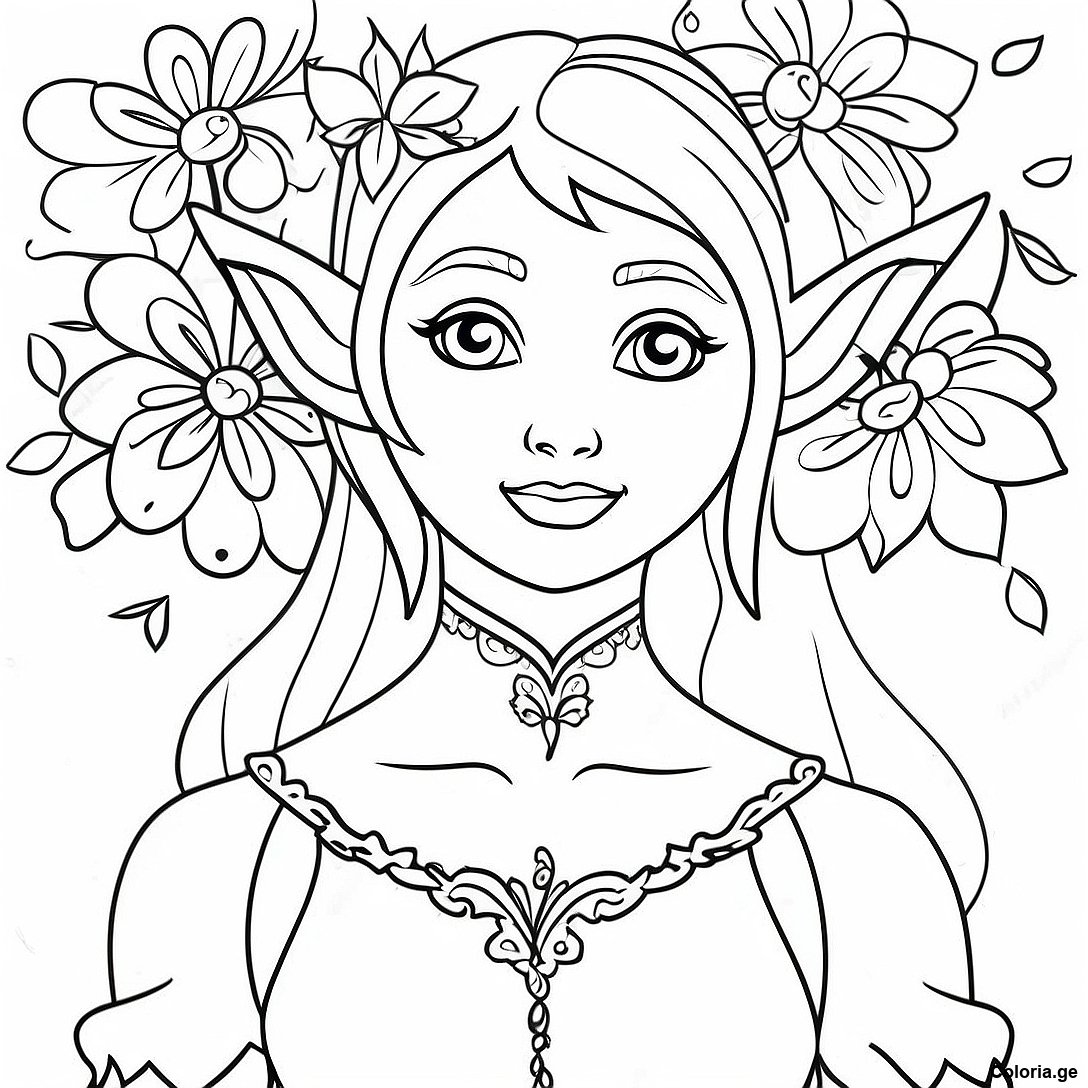 Page à colorier Page De Coloriage Elfe Réaliste Élégant Avec Des Fleurs imprimable gratuitement de la collection Pour Adultes — dessin en noir et blanc pour enfants et adultes.