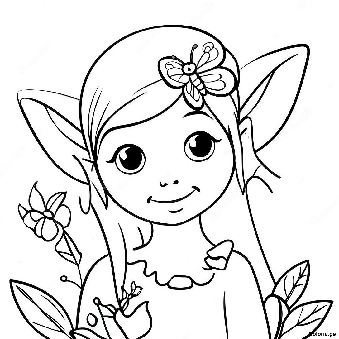 Page à colorier Page De Coloriage Elfe Réaliste Fantaisiste Avec Un Papillon imprimable gratuitement de la collection Pour Adultes — dessin en noir et blanc pour enfants et adultes.