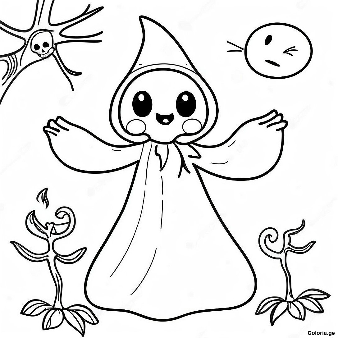 Page à colorier Page De Coloriage Fantôme Halloween Vintage Fantaisiste imprimable gratuitement de la collection Halloween — dessin en noir et blanc pour enfants et adultes.