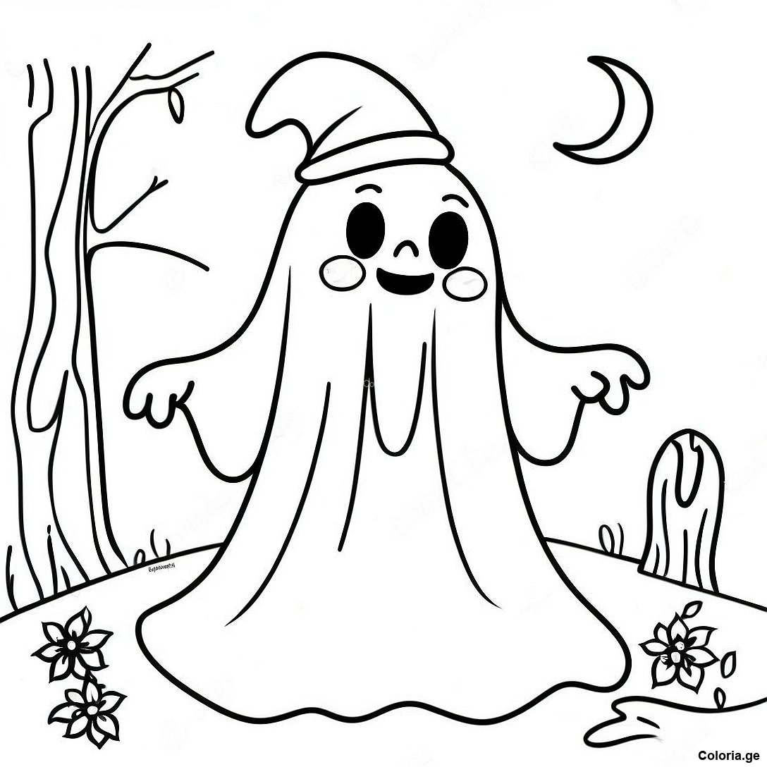 Page à colorier Page De Coloriage Fantôme Halloween Vintage Fantaisiste imprimable gratuitement de la collection Halloween — dessin en noir et blanc pour enfants et adultes.