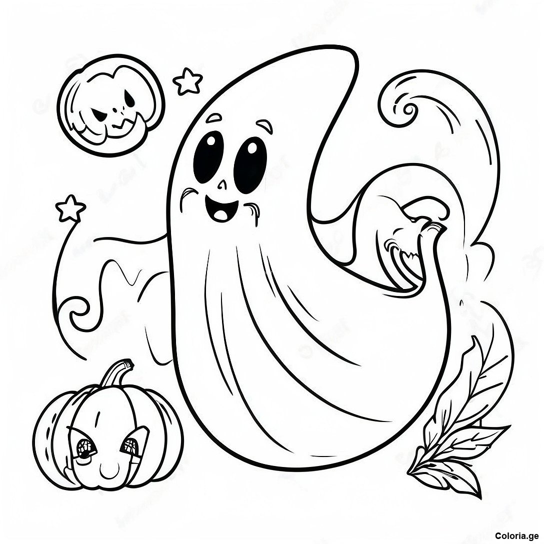 Page à colorier Page De Coloriage Fantôme Halloween Vintage Fantaisiste imprimable gratuitement de la collection Halloween — dessin en noir et blanc pour enfants et adultes.