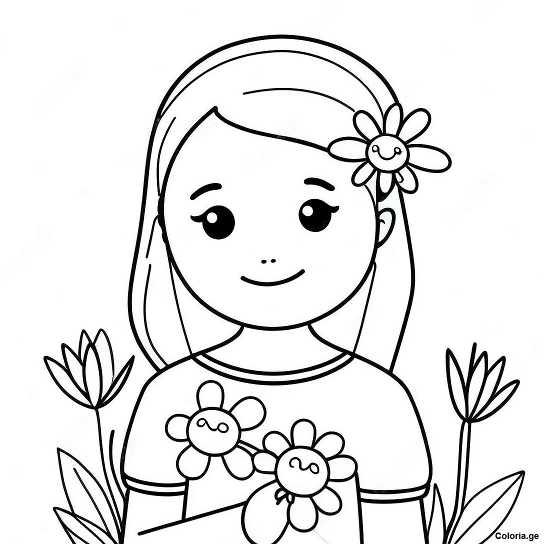 Page à colorier Page De Coloriage Mignonne Fille Réaliste Avec Des Fleurs imprimable gratuitement de la collection Divers — dessin en noir et blanc pour enfants et adultes.