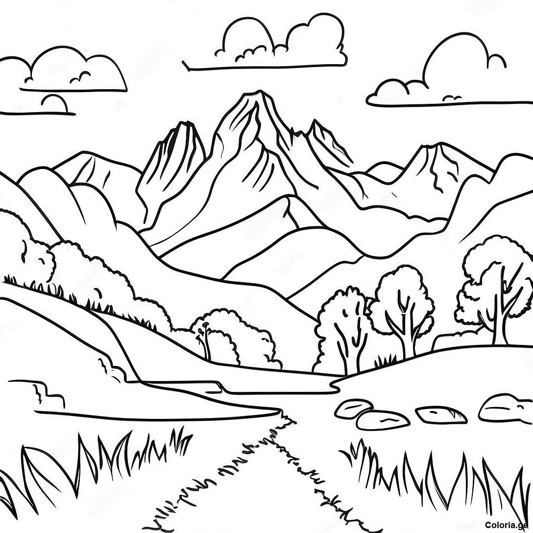 Page à colorier Page De Coloriage Paysage Bavarois Avec Montagnes imprimable gratuitement de la collection Divers — dessin en noir et blanc pour enfants et adultes.