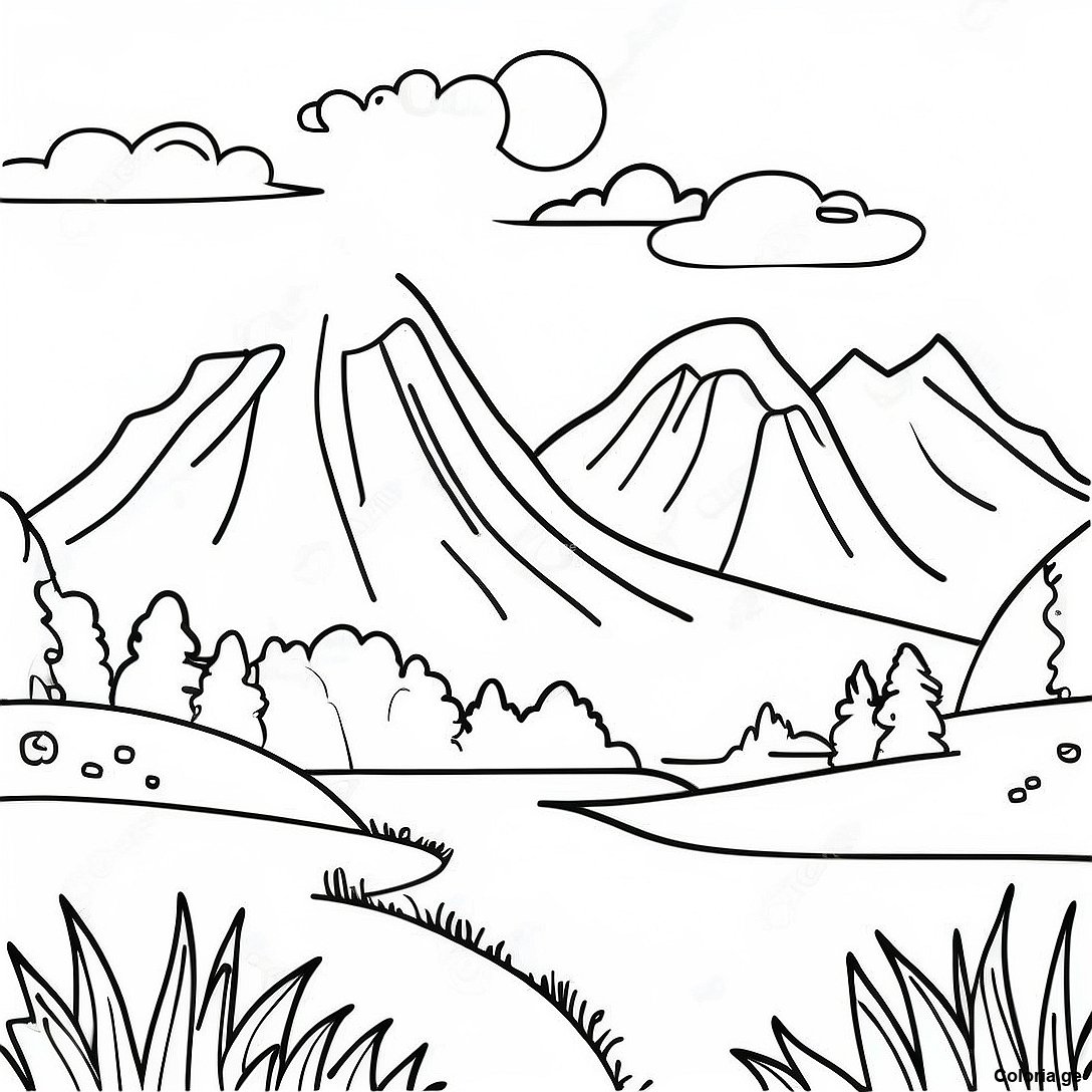 Page à colorier Page De Coloriage Paysage Bavarois Avec Montagnes imprimable gratuitement de la collection Divers — dessin en noir et blanc pour enfants et adultes.