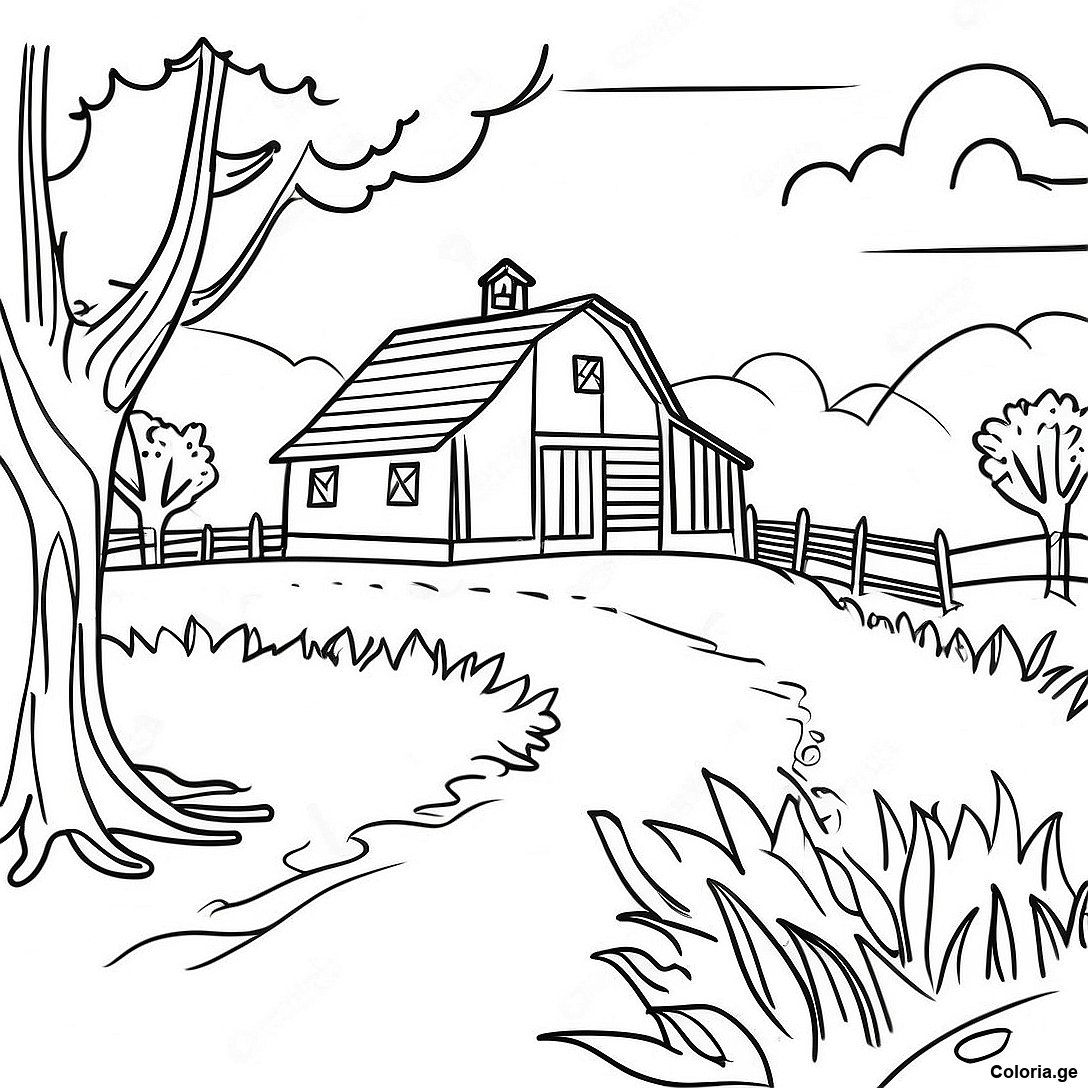 Page à colorier Page De Coloriage Paysage De Ferme Réaliste imprimable gratuitement de la collection Nature — dessin en noir et blanc pour enfants et adultes.