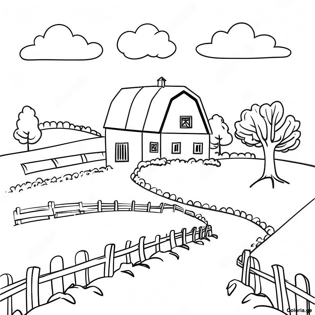 Page à colorier Page De Coloriage Paysage De Ferme Réaliste imprimable gratuitement de la collection Nature — dessin en noir et blanc pour enfants et adultes.