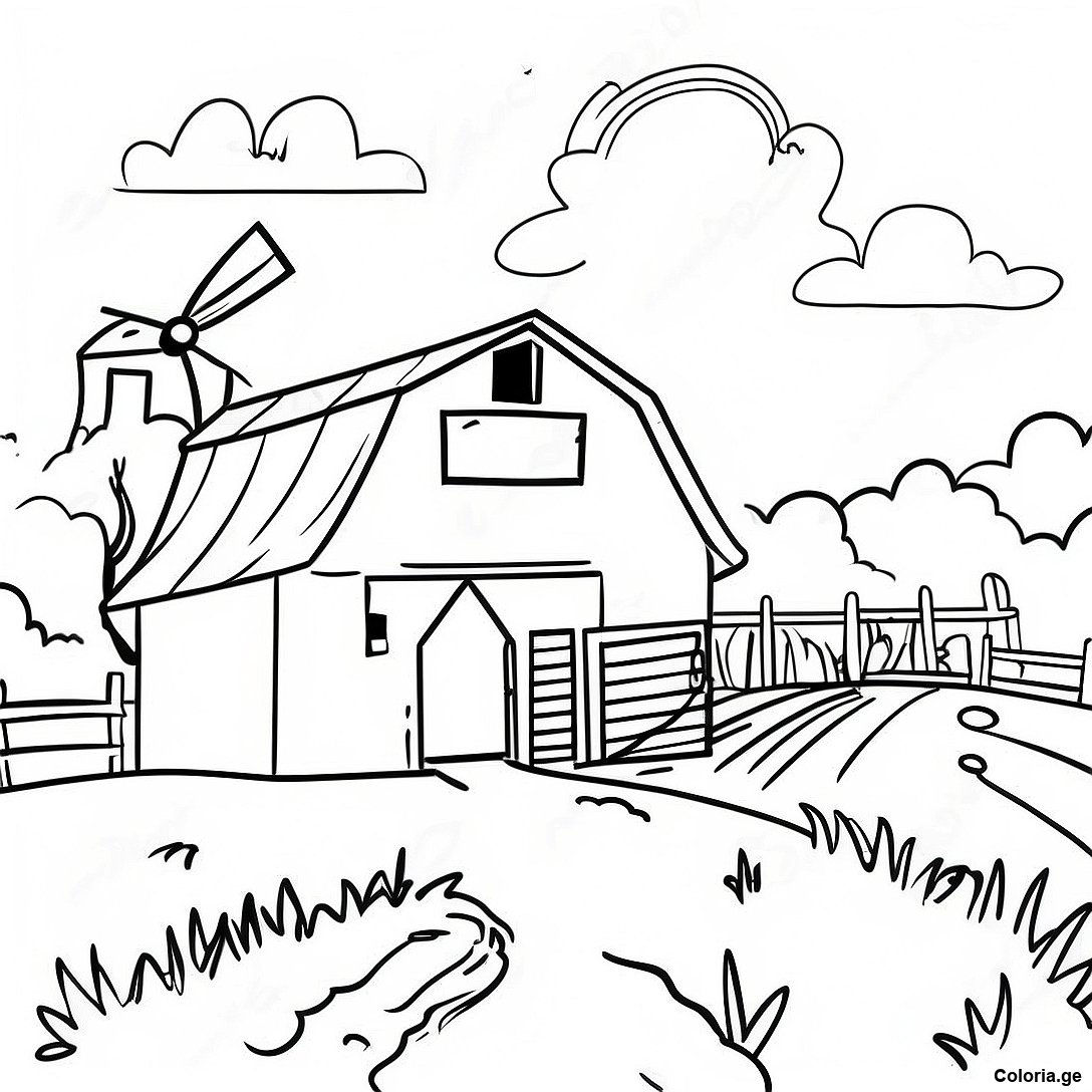 Page à colorier Page De Coloriage Paysage De Ferme Réaliste imprimable gratuitement de la collection Nature — dessin en noir et blanc pour enfants et adultes.