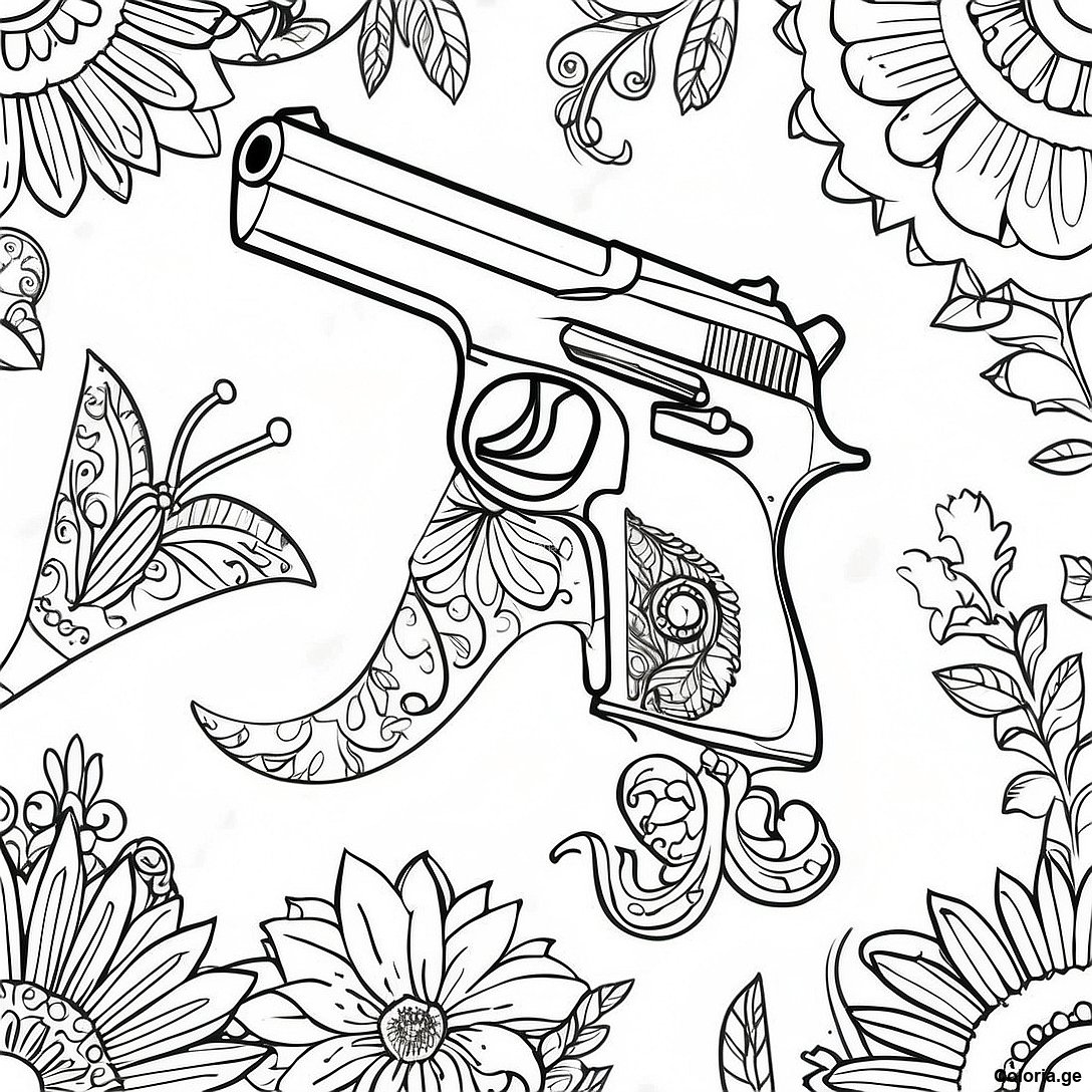 Page à colorier Page De Coloriage Pistolet Réaliste imprimable gratuitement de la collection Jeux Vidéo — dessin en noir et blanc pour enfants et adultes.
