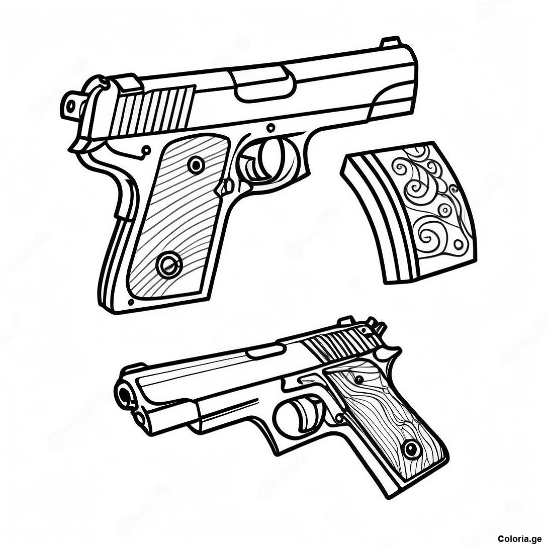 Page à colorier Page De Coloriage Pistolet Réaliste imprimable gratuitement de la collection Jeux Vidéo — dessin en noir et blanc pour enfants et adultes.
