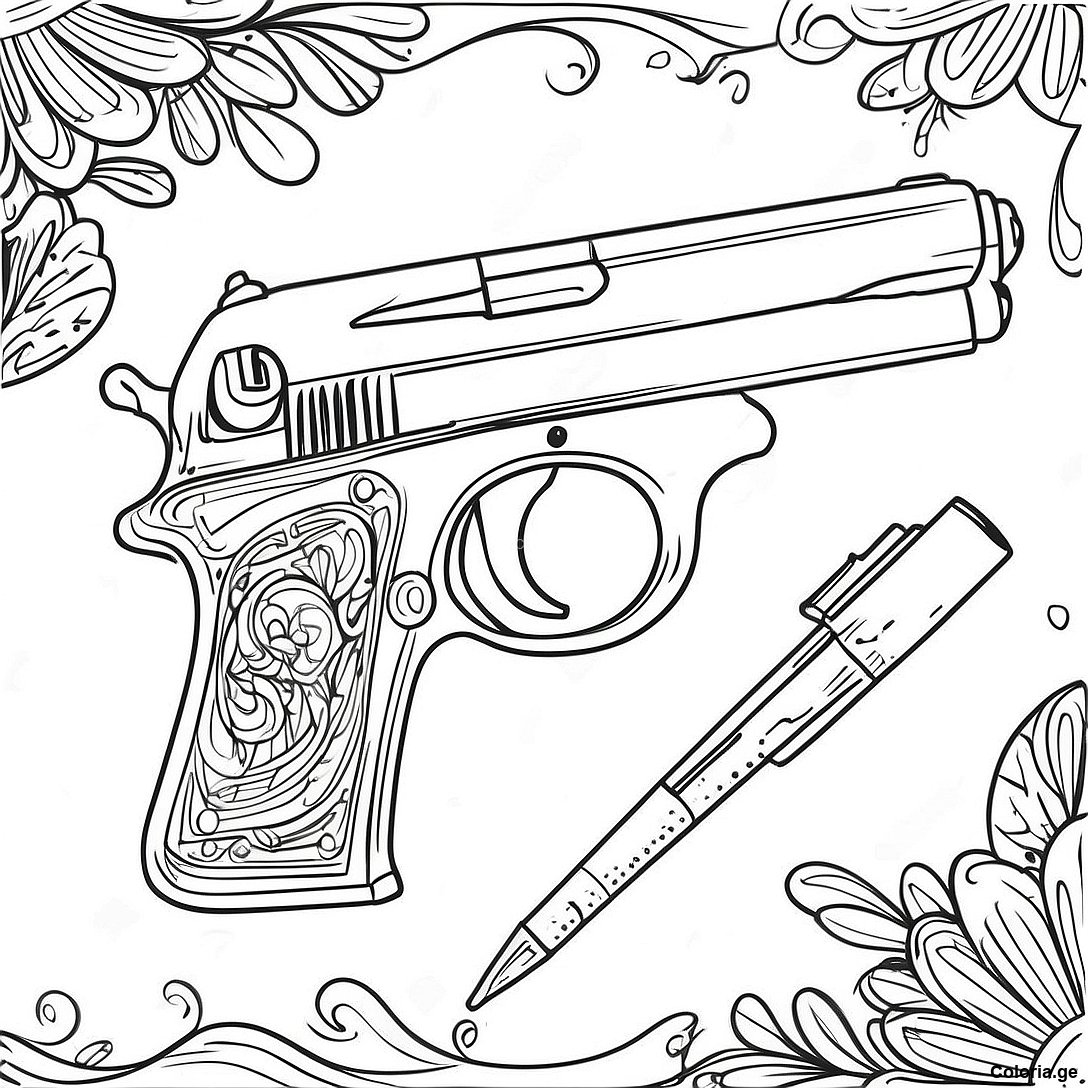 Page à colorier Page De Coloriage Pistolet Réaliste imprimable gratuitement de la collection Jeux Vidéo — dessin en noir et blanc pour enfants et adultes.