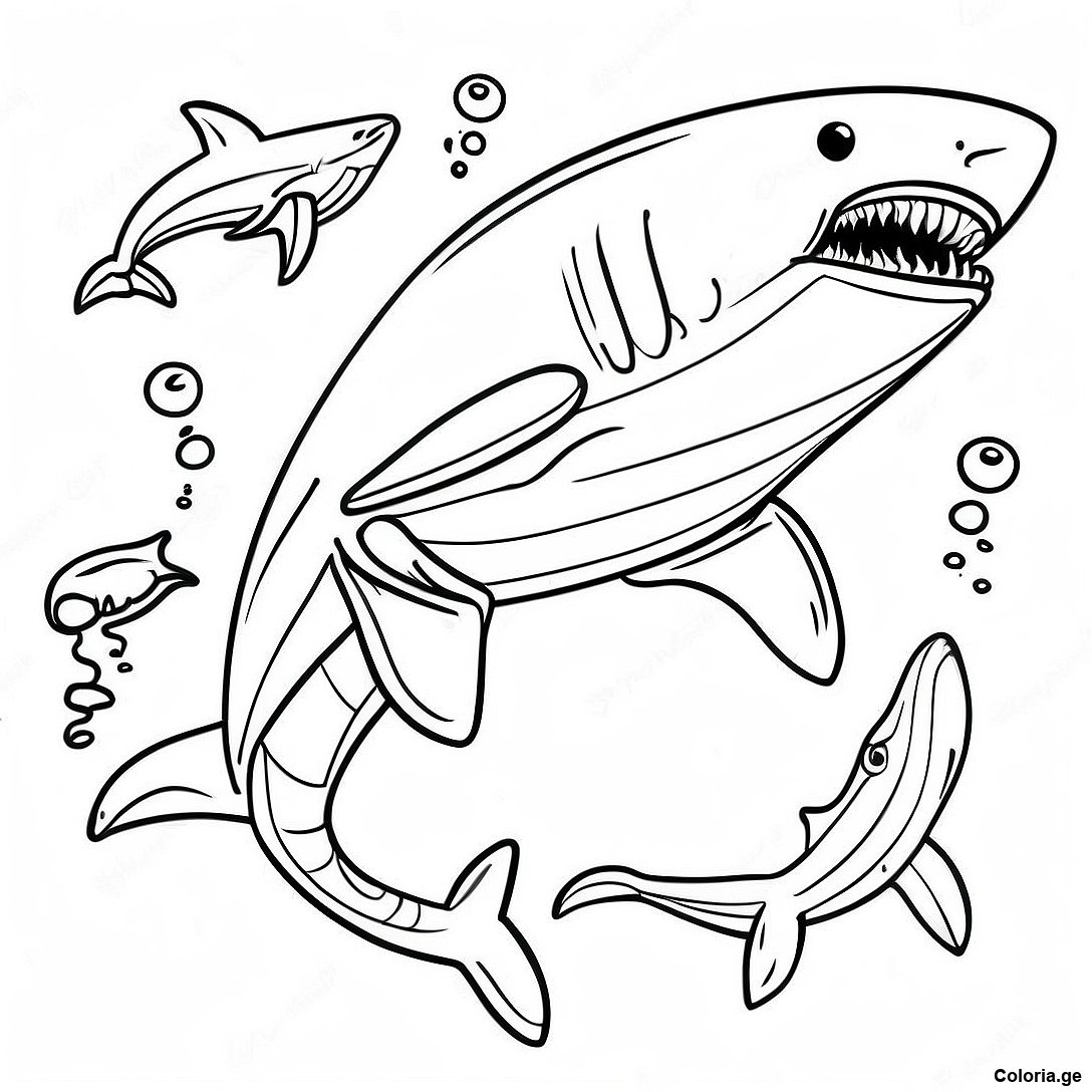 Page à colorier Page De Coloriage Réaliste De Mégalodon Nageant imprimable gratuitement de la collection Dinosaurs — dessin en noir et blanc pour enfants et adultes.