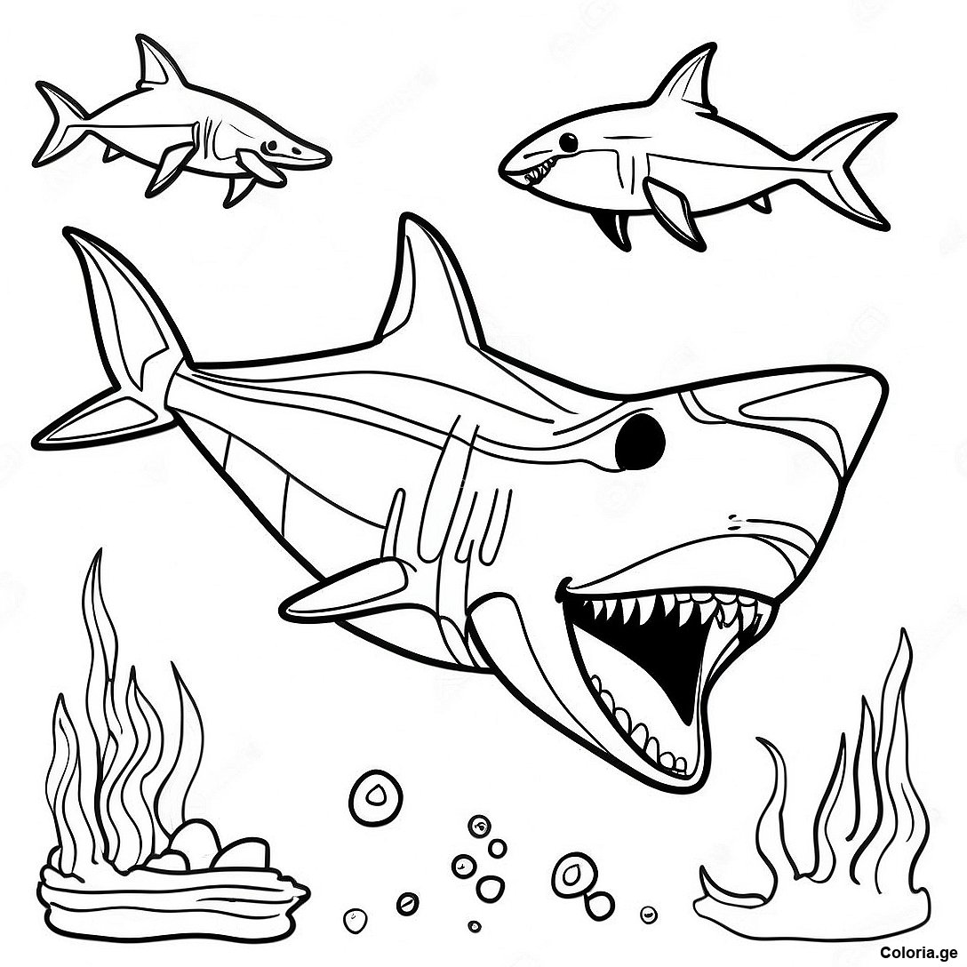 Page à colorier Page De Coloriage Réaliste De Mégalodon Nageant imprimable gratuitement de la collection Dinosaurs — dessin en noir et blanc pour enfants et adultes.
