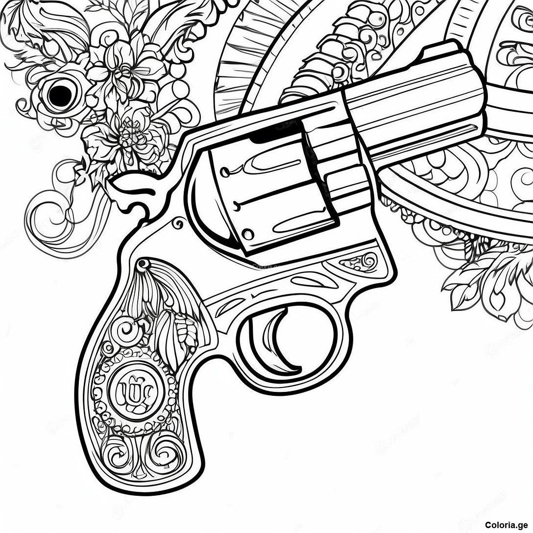 Page à colorier Page De Coloriage Revolver Vintage imprimable gratuitement de la collection Jeux Vidéo — dessin en noir et blanc pour enfants et adultes.