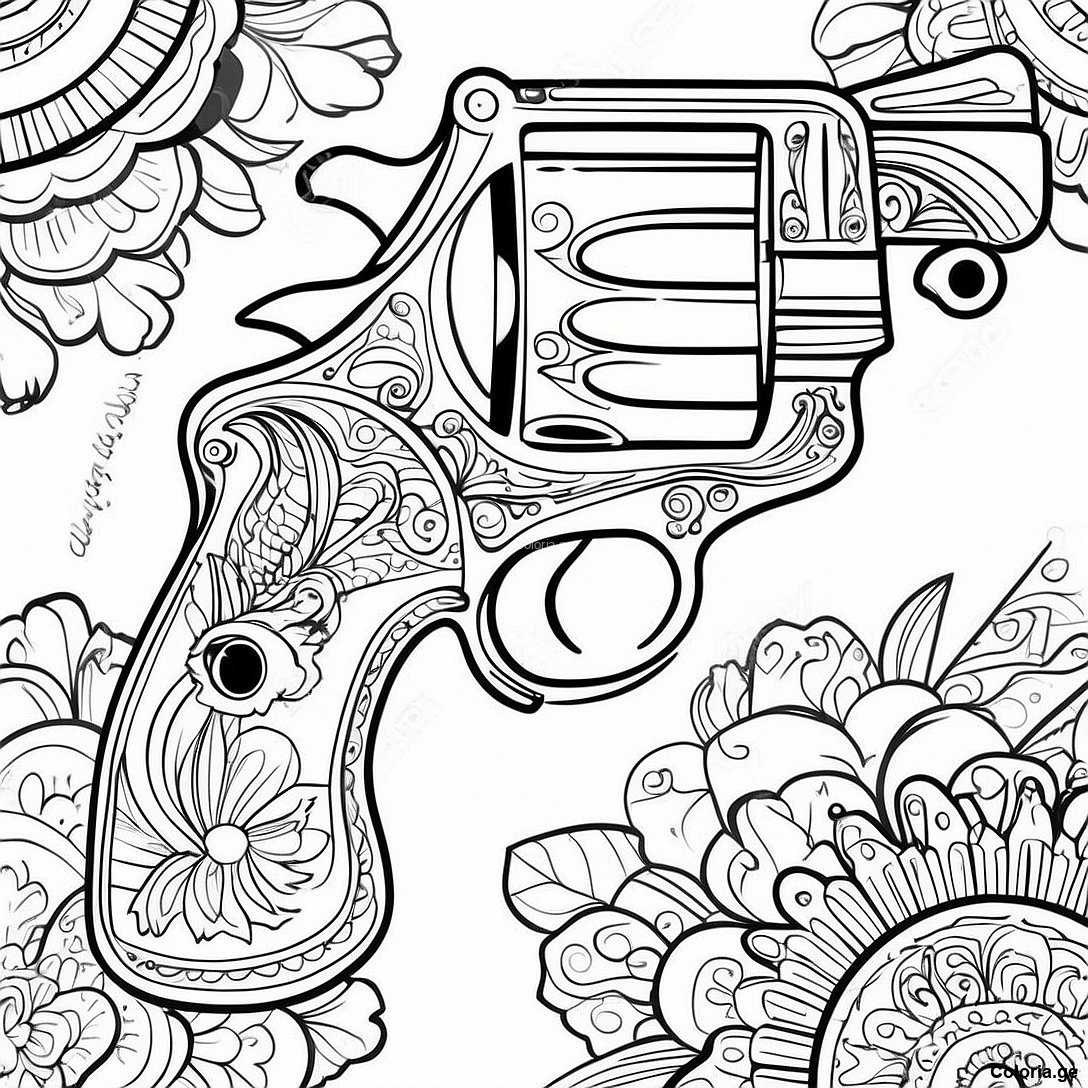 Page à colorier Page De Coloriage Revolver Vintage imprimable gratuitement de la collection Jeux Vidéo — dessin en noir et blanc pour enfants et adultes.