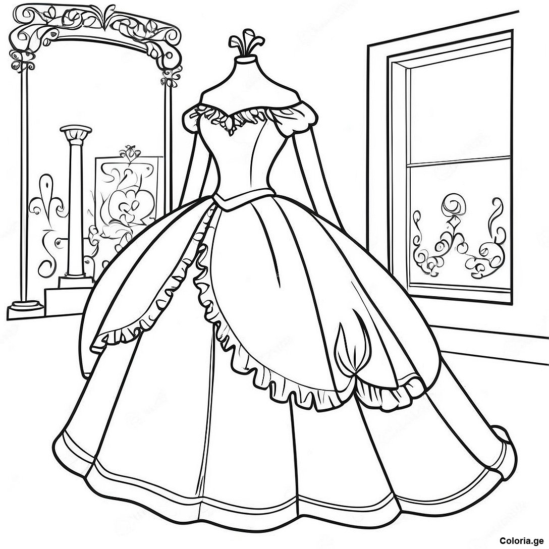 Page à colorier Page De Coloriage Robe De Bal Vintage Gracieuse imprimable gratuitement de la collection Princesses — dessin en noir et blanc pour enfants et adultes.