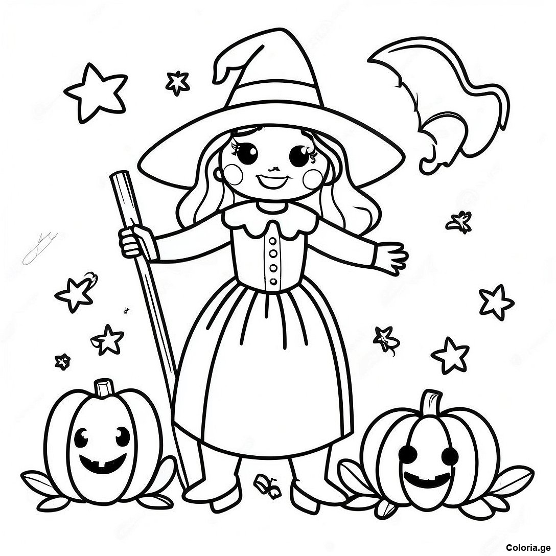 Page à colorier Page De Coloriage Sorcière Halloween Vintage Charmante imprimable gratuitement de la collection Halloween — dessin en noir et blanc pour enfants et adultes.
