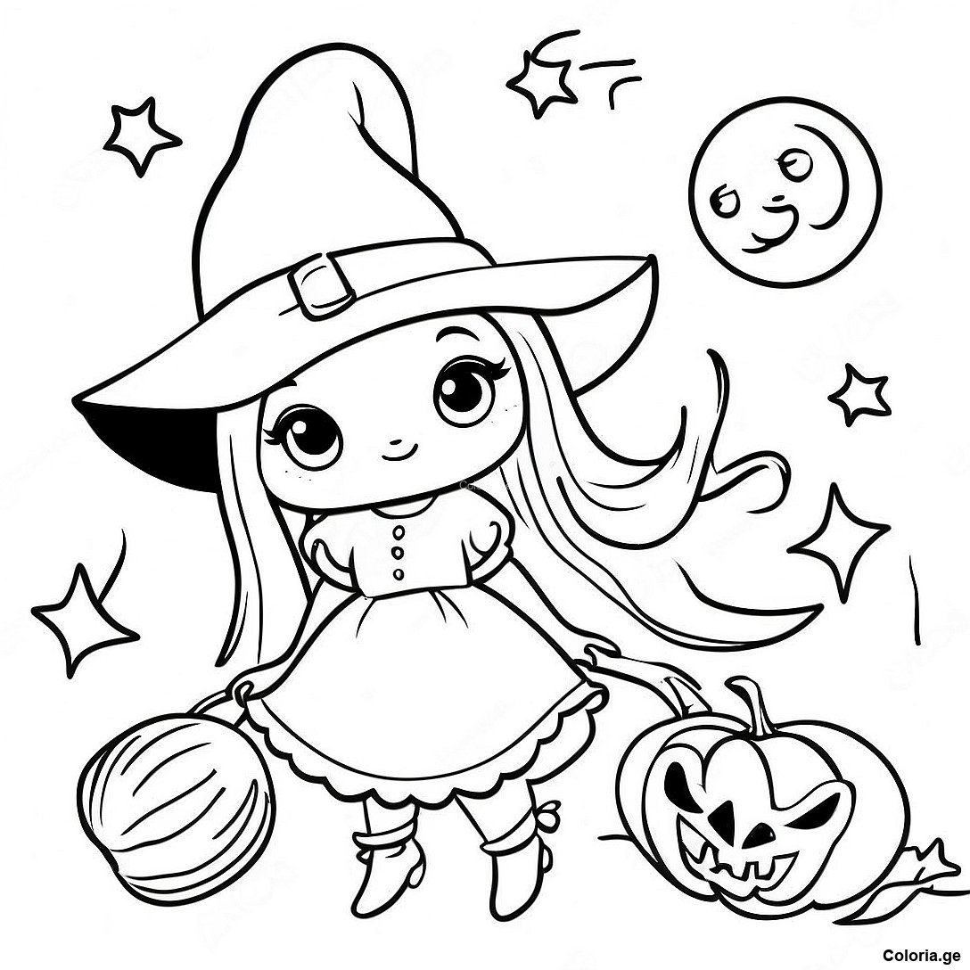 Page à colorier Page De Coloriage Sorcière Halloween Vintage Charmante imprimable gratuitement de la collection Halloween — dessin en noir et blanc pour enfants et adultes.