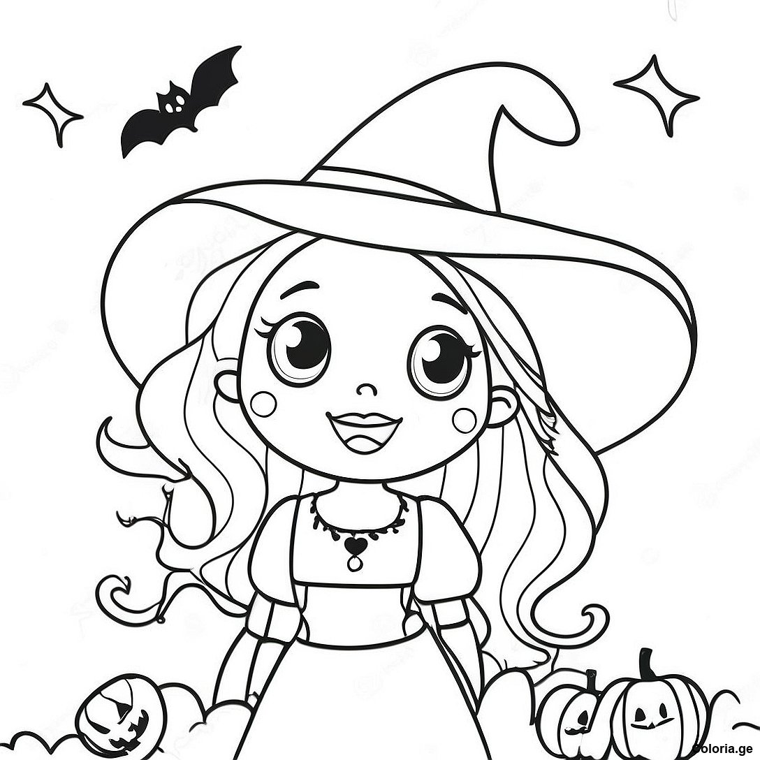 Page à colorier Page De Coloriage Sorcière Halloween Vintage Charmante imprimable gratuitement de la collection Halloween — dessin en noir et blanc pour enfants et adultes.