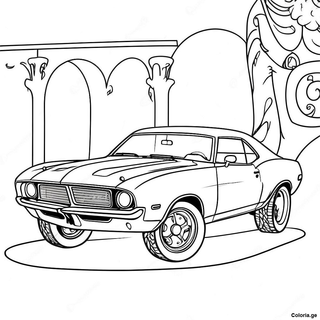 Page à colorier Page De Coloriage Voiture De Muscle Vintage imprimable gratuitement de la collection Voitures — dessin en noir et blanc pour enfants et adultes.