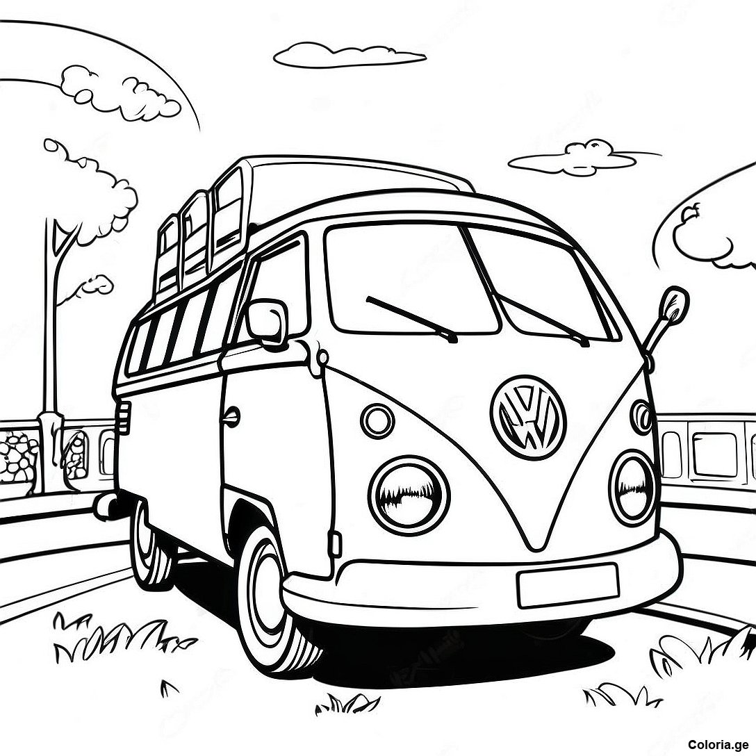 Page à colorier Page De Coloriage Volkswagen Bus Vintage imprimable gratuitement de la collection Voitures — dessin en noir et blanc pour enfants et adultes.