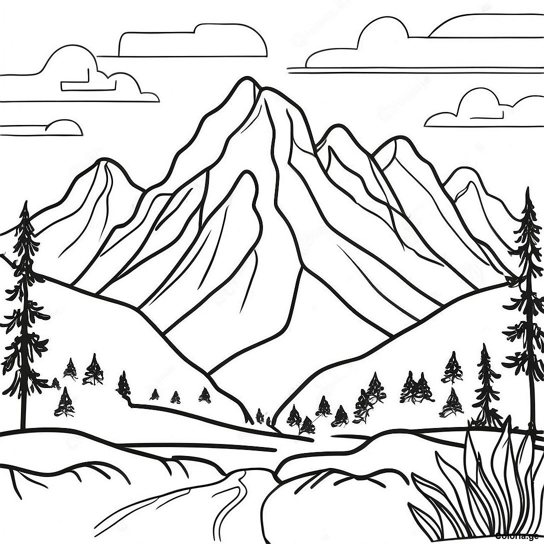 Page à colorier Page De Coloriage Vue De Montagne Sereine imprimable gratuitement de la collection Nature — dessin en noir et blanc pour enfants et adultes.
