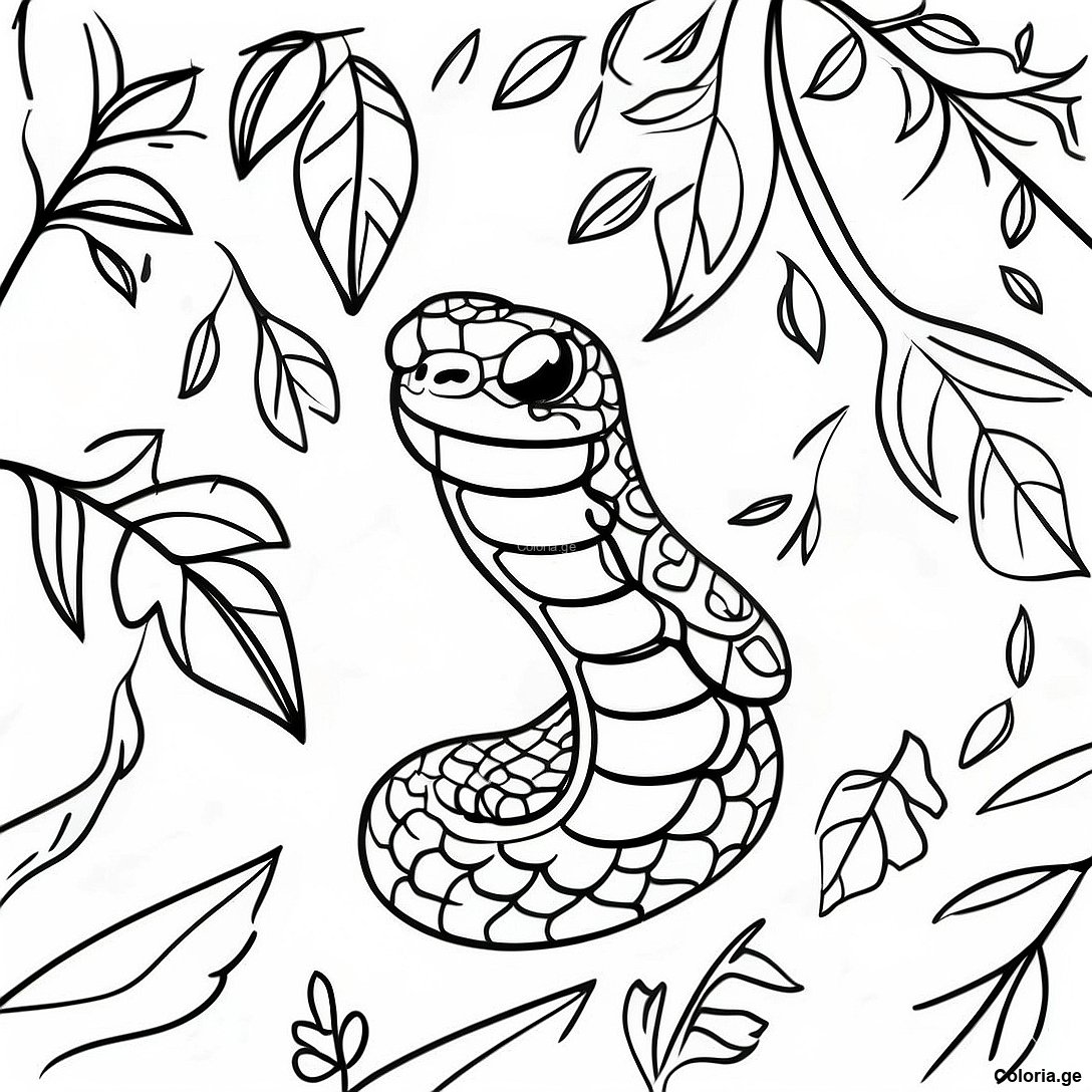 Page à colorier Serpent De Jungle Réaliste Camouflé Dans Les Feuilles Page À Colorier imprimable gratuitement de la collection Animaux — dessin en noir et blanc pour enfants et adultes.