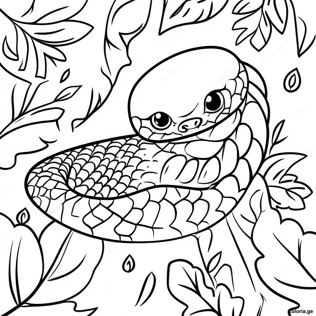Page à colorier Serpent De Jungle Réaliste Camouflé Dans Les Feuilles Page À Colorier imprimable gratuitement de la collection Animaux — dessin en noir et blanc pour enfants et adultes.