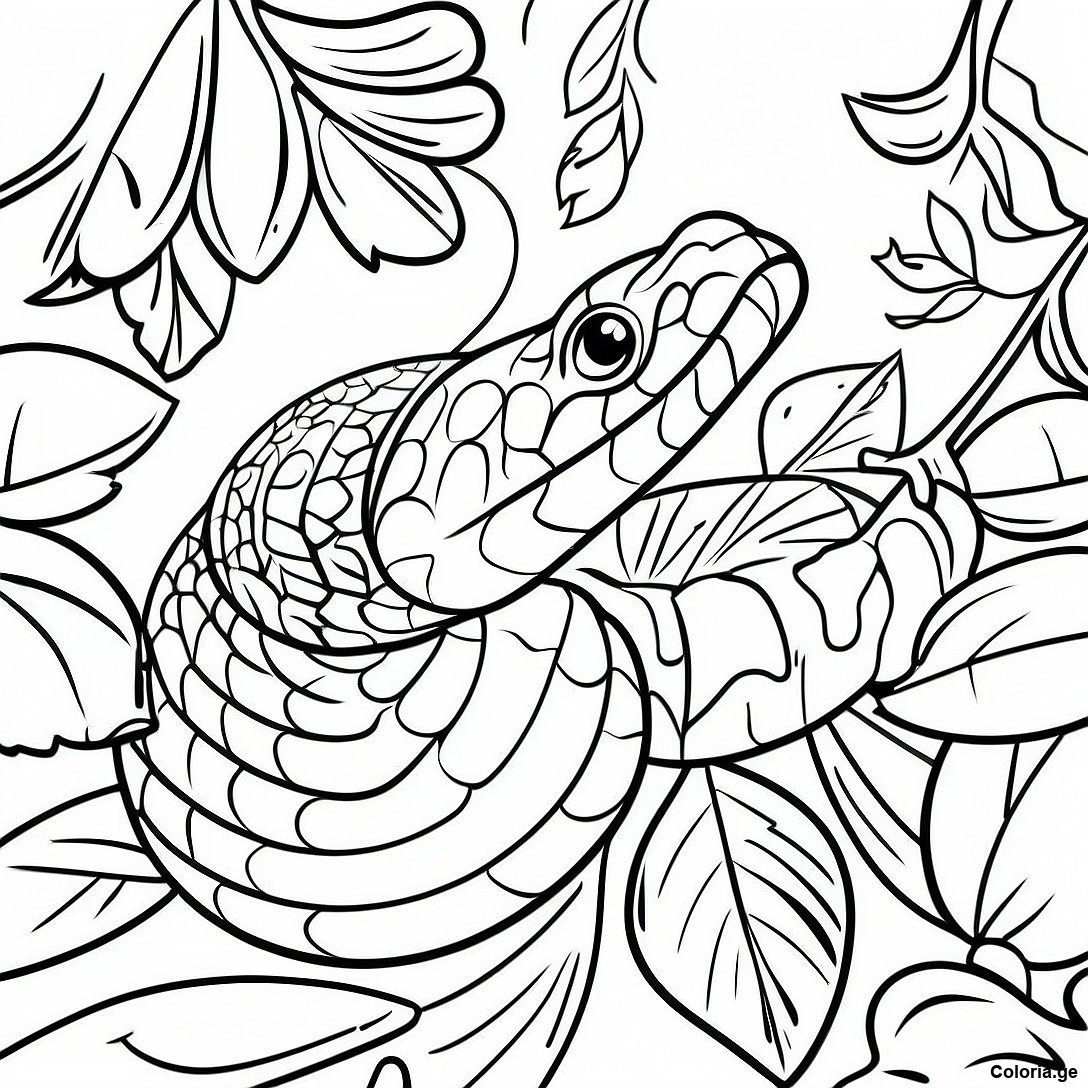 Page à colorier Serpent De Jungle Réaliste Camouflé Dans Les Feuilles Page À Colorier imprimable gratuitement de la collection Animaux — dessin en noir et blanc pour enfants et adultes.
