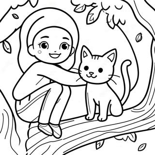 Page De Coloriage De Fille Aventuriere Avec Un Chat Dans Un Arbre 131182-63983